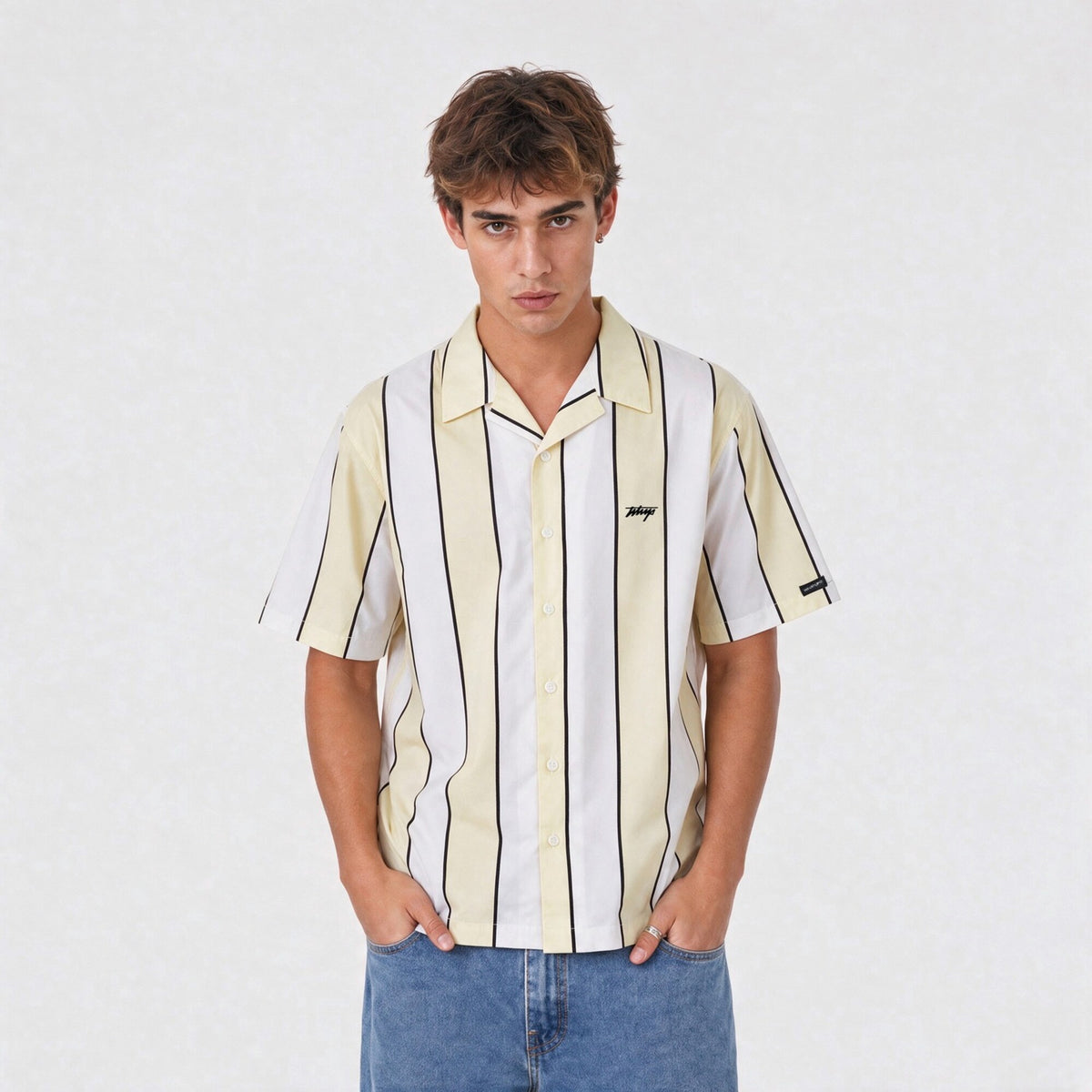 Camisa Stripes Oversize Box Beige Blanco