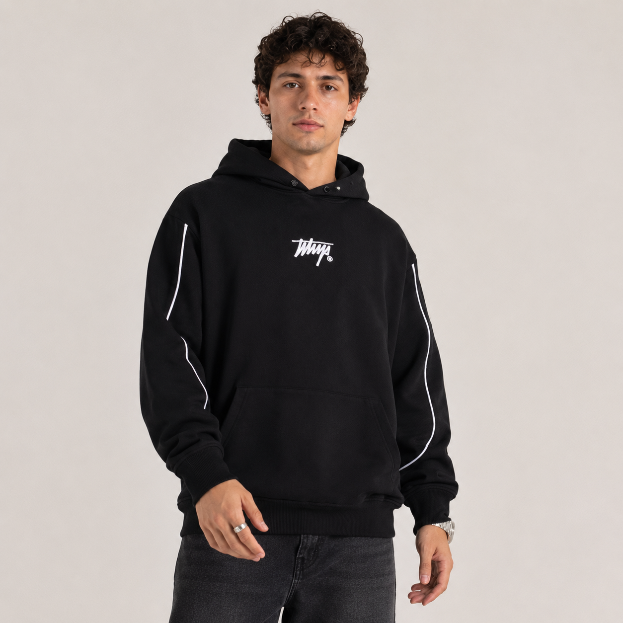 Polerón Whatup Hombre Hoodie Black Tiny Logo White