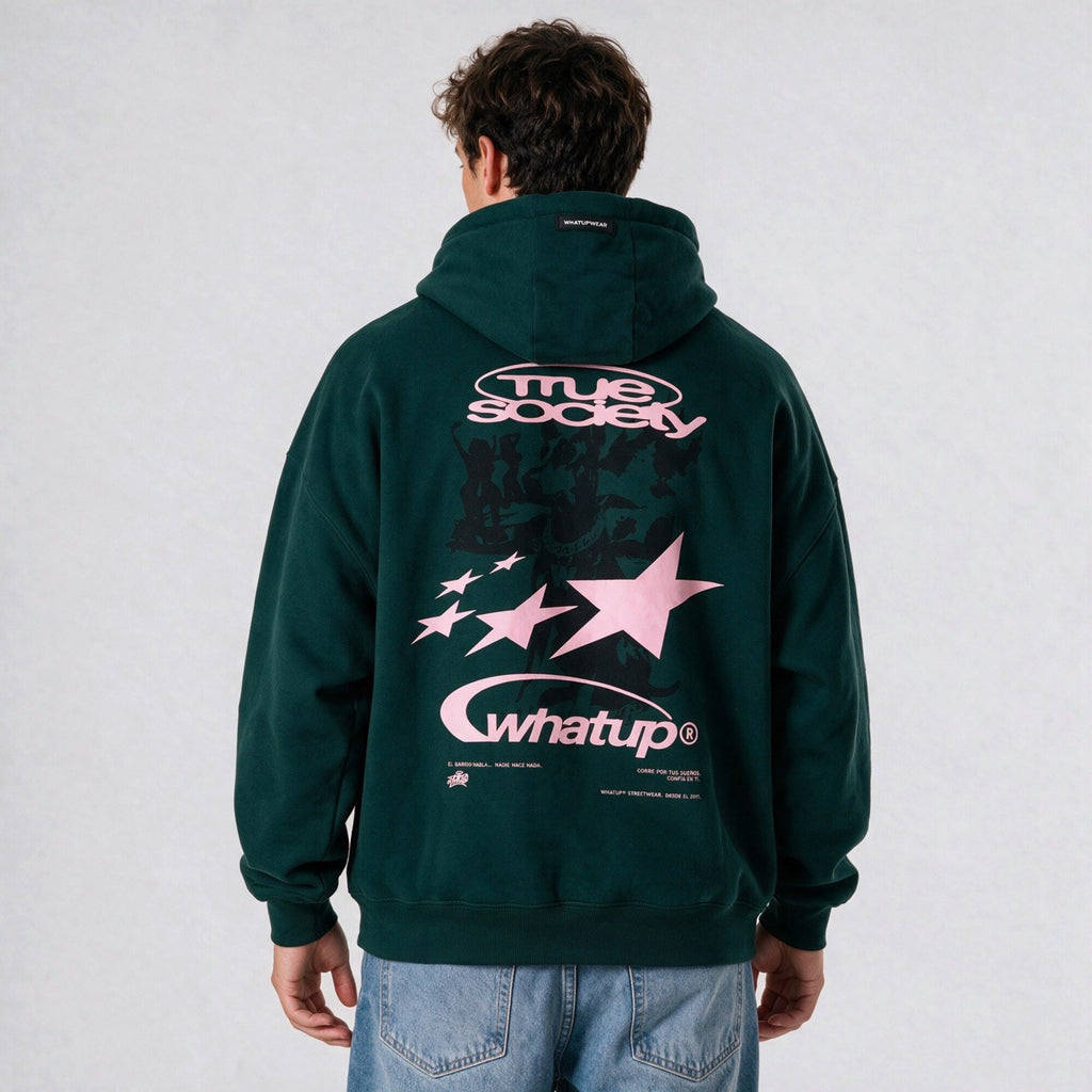 Polerón Hoodie True Society Oversize Box Verde Rosado