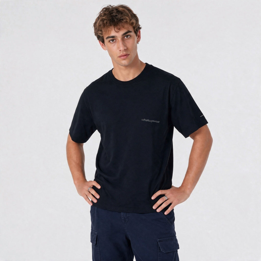 Polera Oversize Box Negro Logo Gris