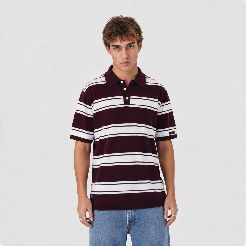 Polera Polo Stripes Botones Regular Burdeo y Crema