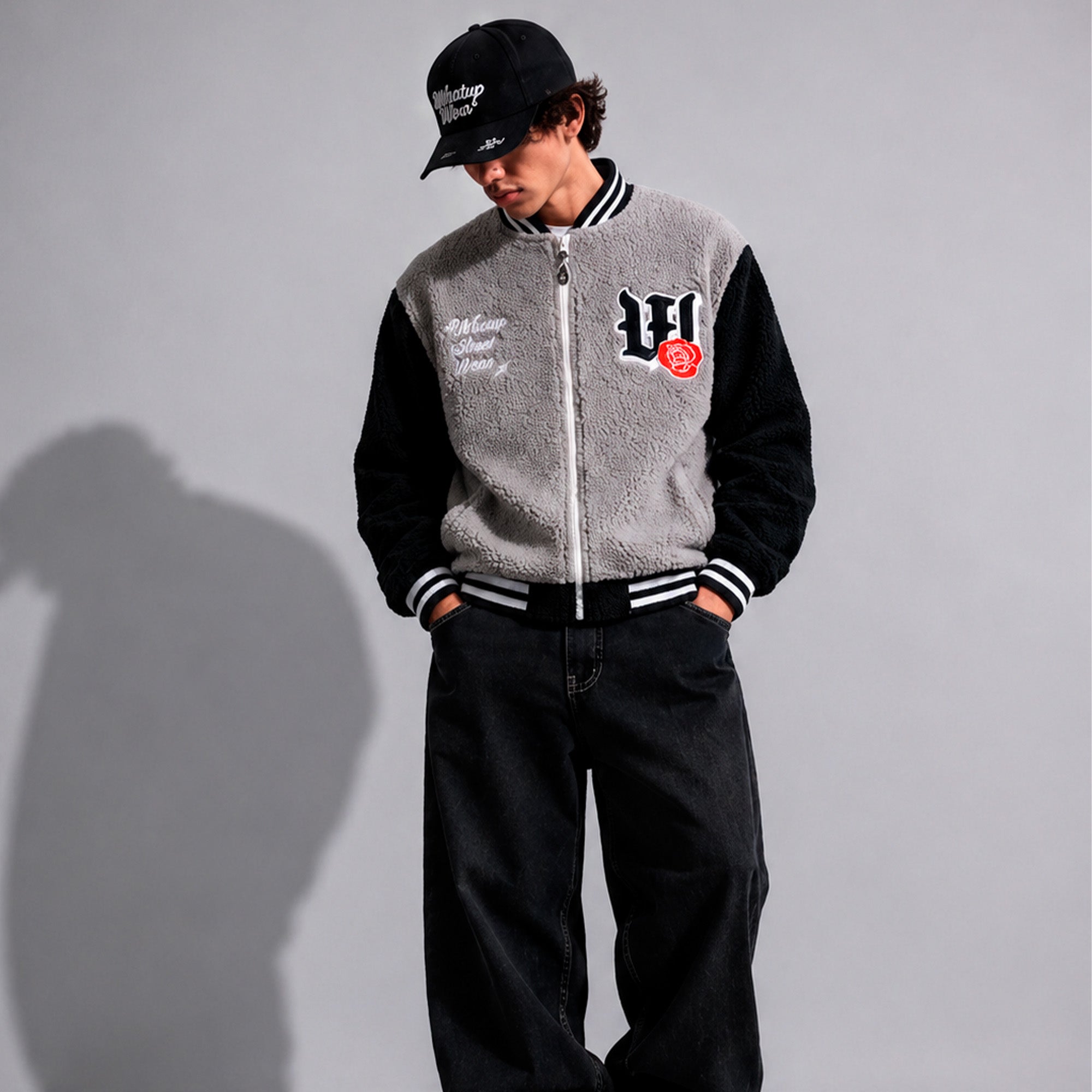 Sherpa Full Zipper Dog and Roses Grey